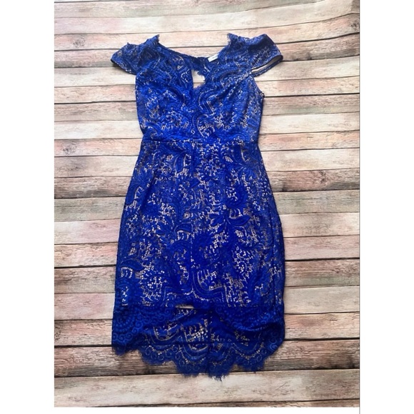 Hello Molly Dark Blue Bodycon Lace Dress Sz 12 - Picture 4 of 8